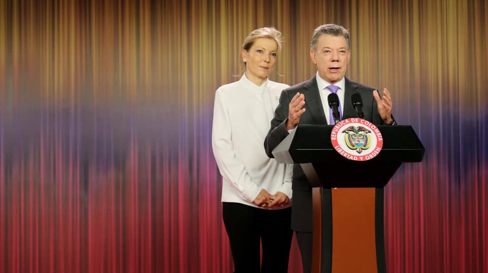 Juan Manuel Santos y su esposa, durante la alocución posterior al Nobel de Paz. Foto: Presidencia