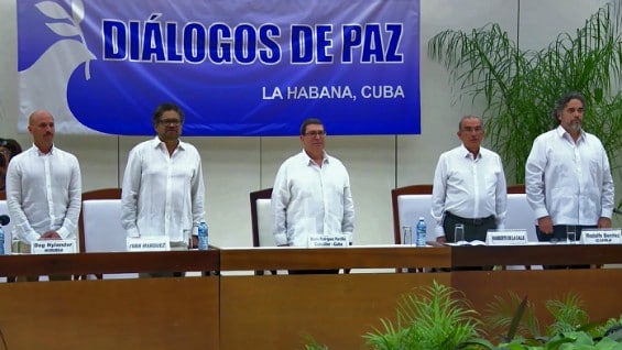 Dag Nylander, 'Iván Márquez', Bruno Rodríguez, Humberto de la Calle y Rodolfo Benítez. Foto: AFP.