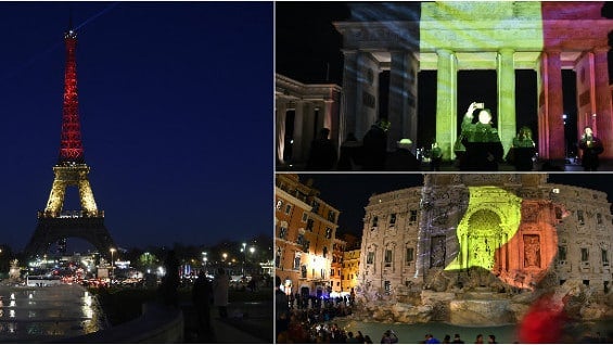 Algunos de los monumentos más emblemáticos de Europa se iluminaron con los colores de la bandera belga.