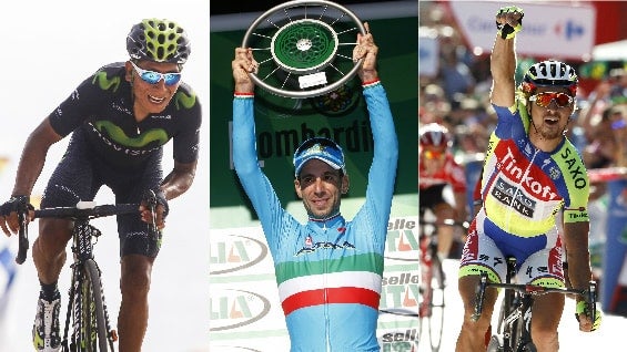 Nairo Quintana (izq.), Vincenzo Nibali y Peter Sagan (der.). Foto: AFP.
