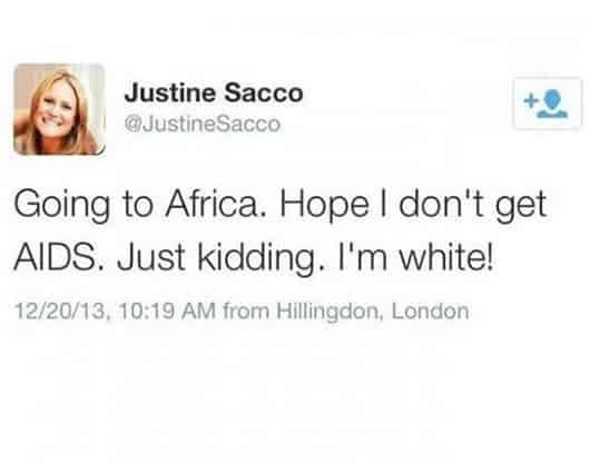 El tuit racista de Justine Sacco sobre África y el sida se hizo viral en internet. Foto: Twitter.