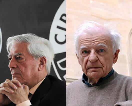 El escritor Mario Vargas Llosa (izq.) y el poeta francés Yves Bonnefoy (der.) Foto: AFP