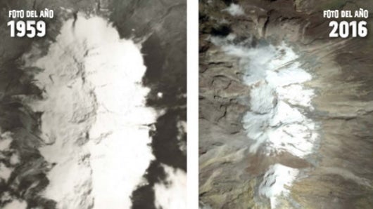 Imagen comparativa del volcán Nevado del Ruíz en los últimos 58 años. Foto: Tercera Comunicación de Colombia a la Convención Marco de la ONU.