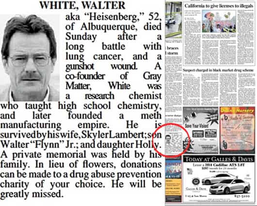 Este es el obituario de Walter White, que fue publicado en el Albuquerque Journal. Foto: Albuquerque Journal