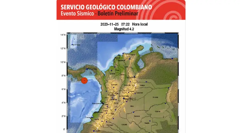Registran temblor de magnitud 4.7 en la frontera entre Colombia y Panamá