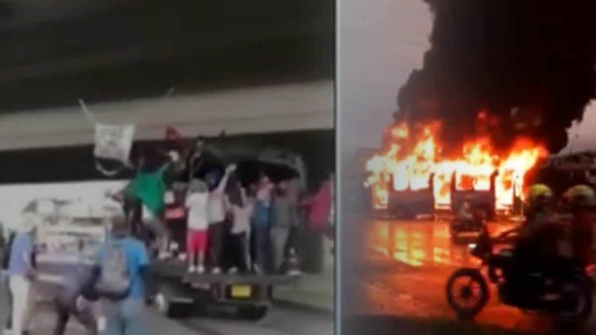 Foto: Noticias RCN Un camión de la Policía y un bus del MIO fueron quemados en Cali