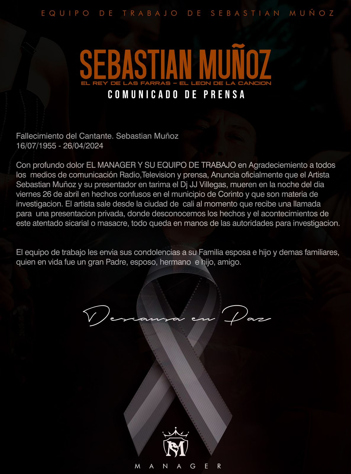 Comunicado de prensa del equipo del cantante Sebastián Muñoz.