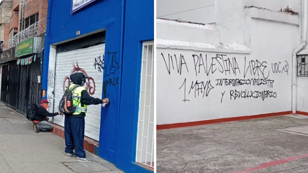 Encapuchados en Bogotá vandalizan fachadas y buses de Transmilenio en las marchas por el Día del Trabajador