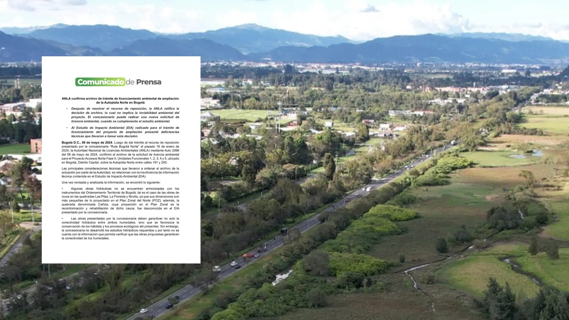 ANLA detiene el proyecto que pretendía ampliar la Autopista Norte en Bogotá.