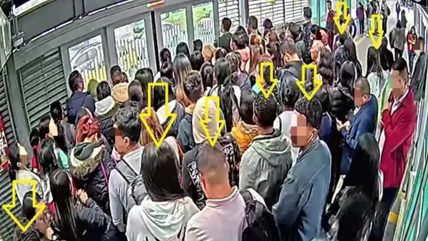 En video quedó grabado cómo una mujer y tres hombres robaban celulares en Transmilenio En video quedó grabado cómo una mujer y tres hombres robaban celulares en Transmilenio