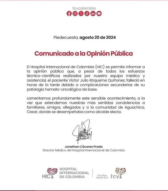 Comunicado fallecimiento alcalde de Aguachica.