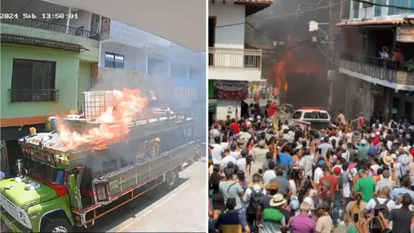 Video del momento exacto en el que comenzó el incendio de bus chiva en San Rafael, Antioquia