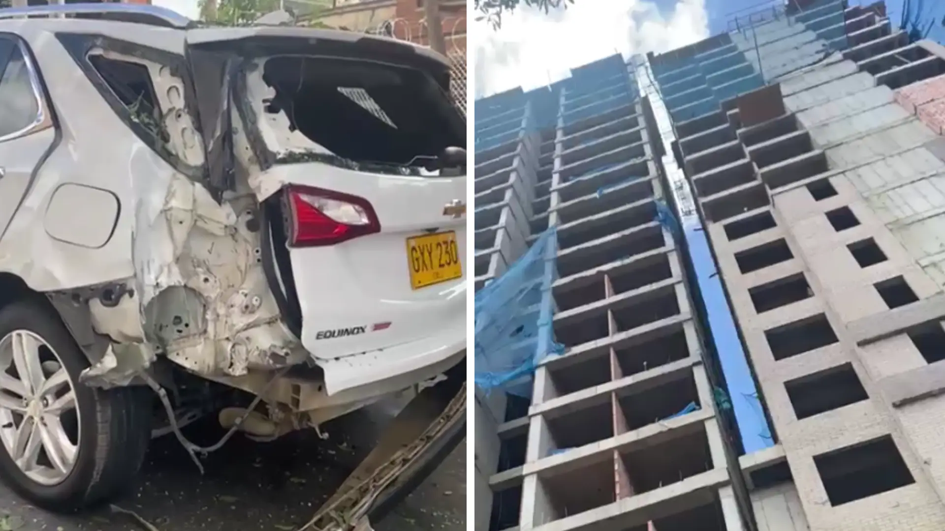 En video: brazo de una grúa cayó de lo más alto de un edificio sobre un vehículo en Bogotá