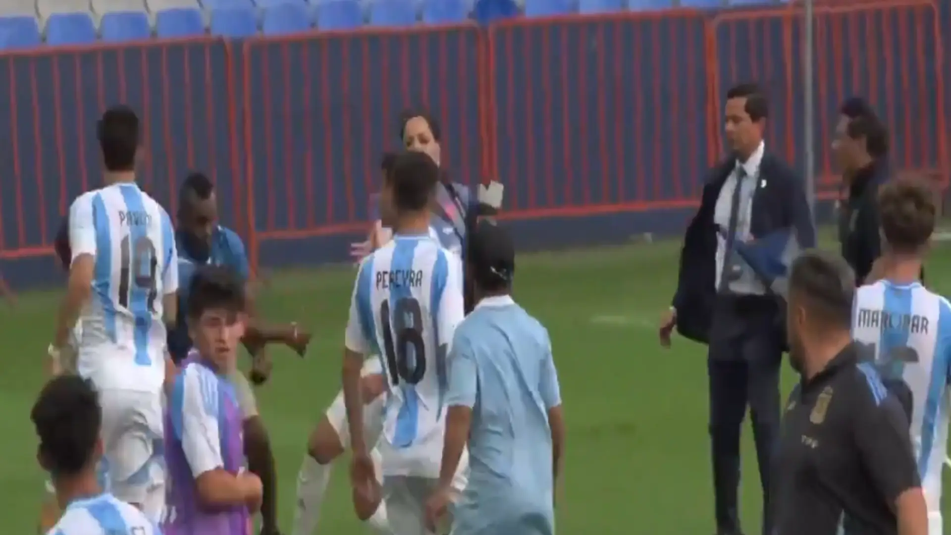 Video de jugadores de Argentina y Ecuador enfrentándose a puños en partido amistoso.