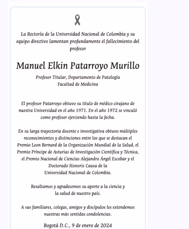 Comunicado muerte Manuel Elkin Patarroyo 