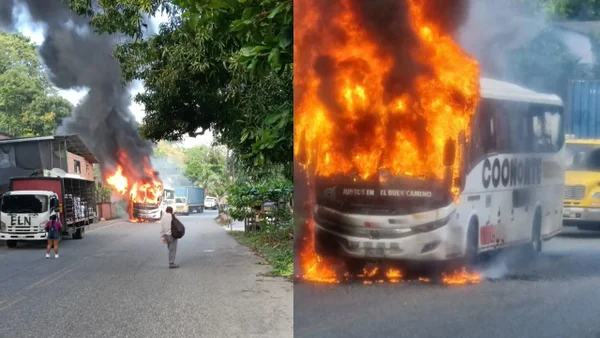 VIDEO | ELN quemó un bus en la vía a la Costa Atlántica y dejó grafitis en varios vehículos
