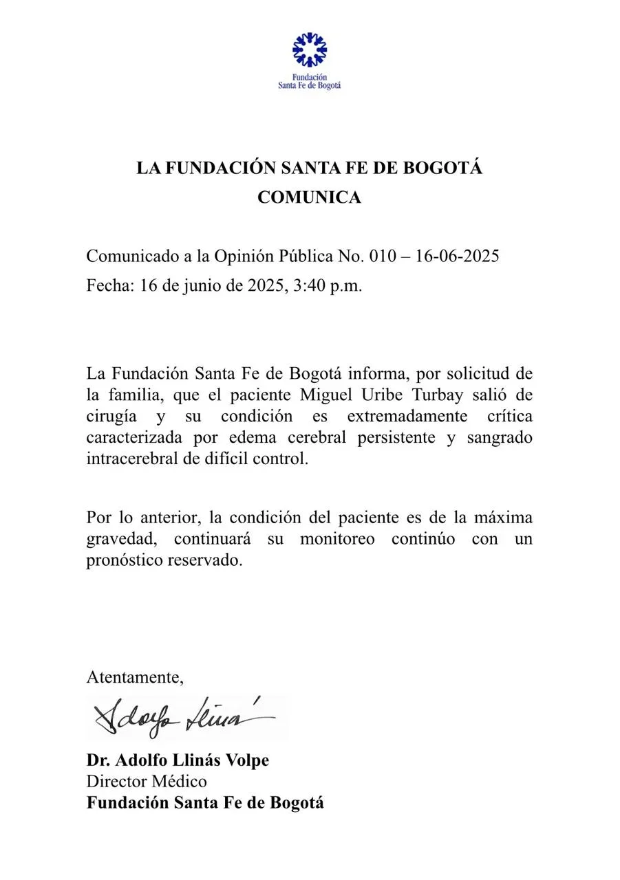 Comunicado de la Fundación Santa Fe sobre la cirugía de Miguel Uribe Turbay