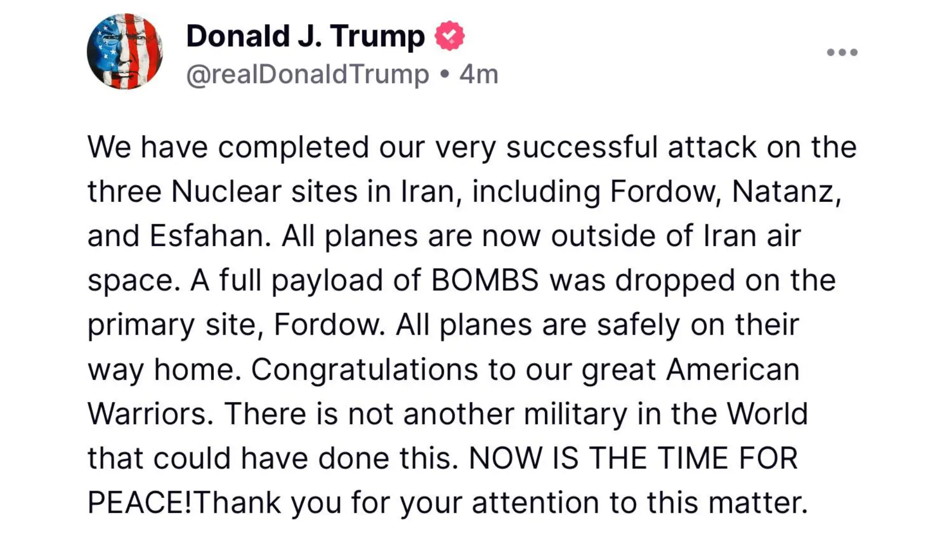 Mensaje de Donald Trump confirmando el ataque