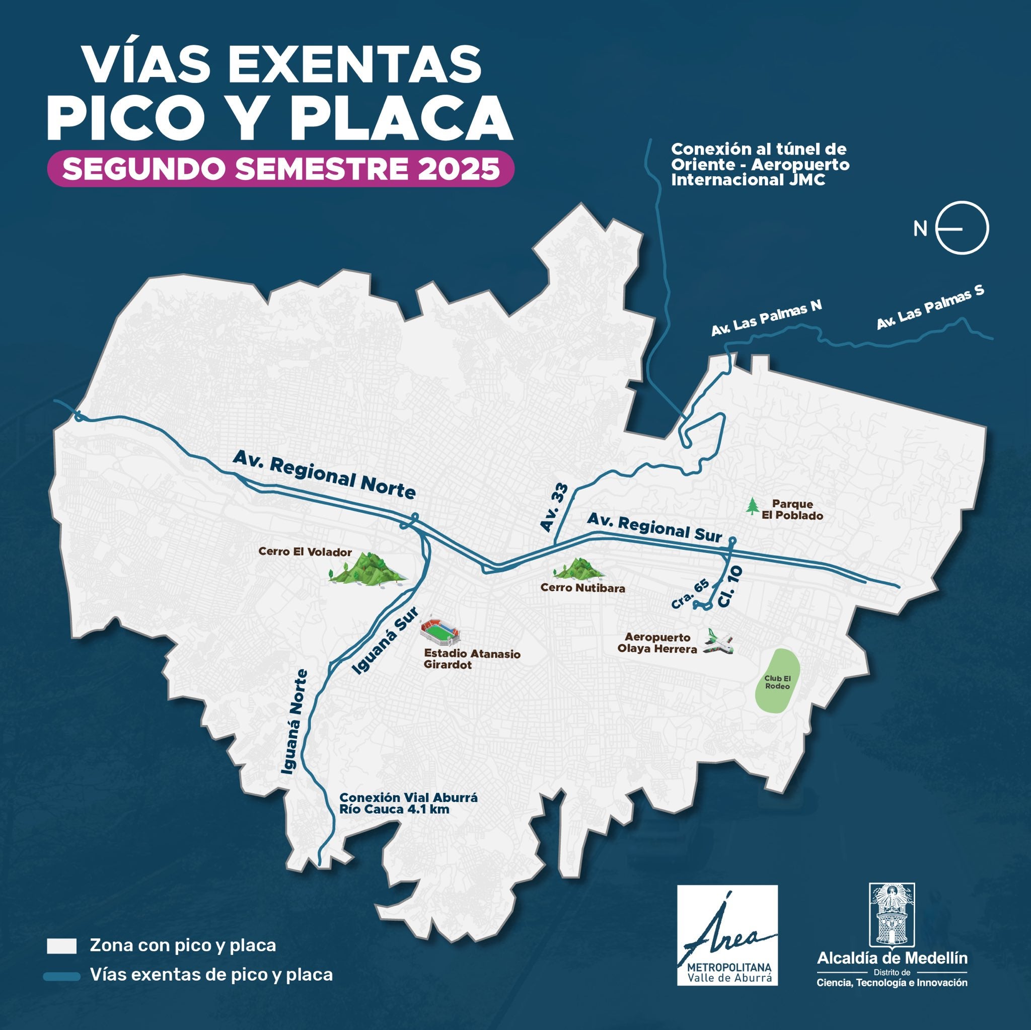 Mapa de vías exentas del pico y placa en Medellín 2025