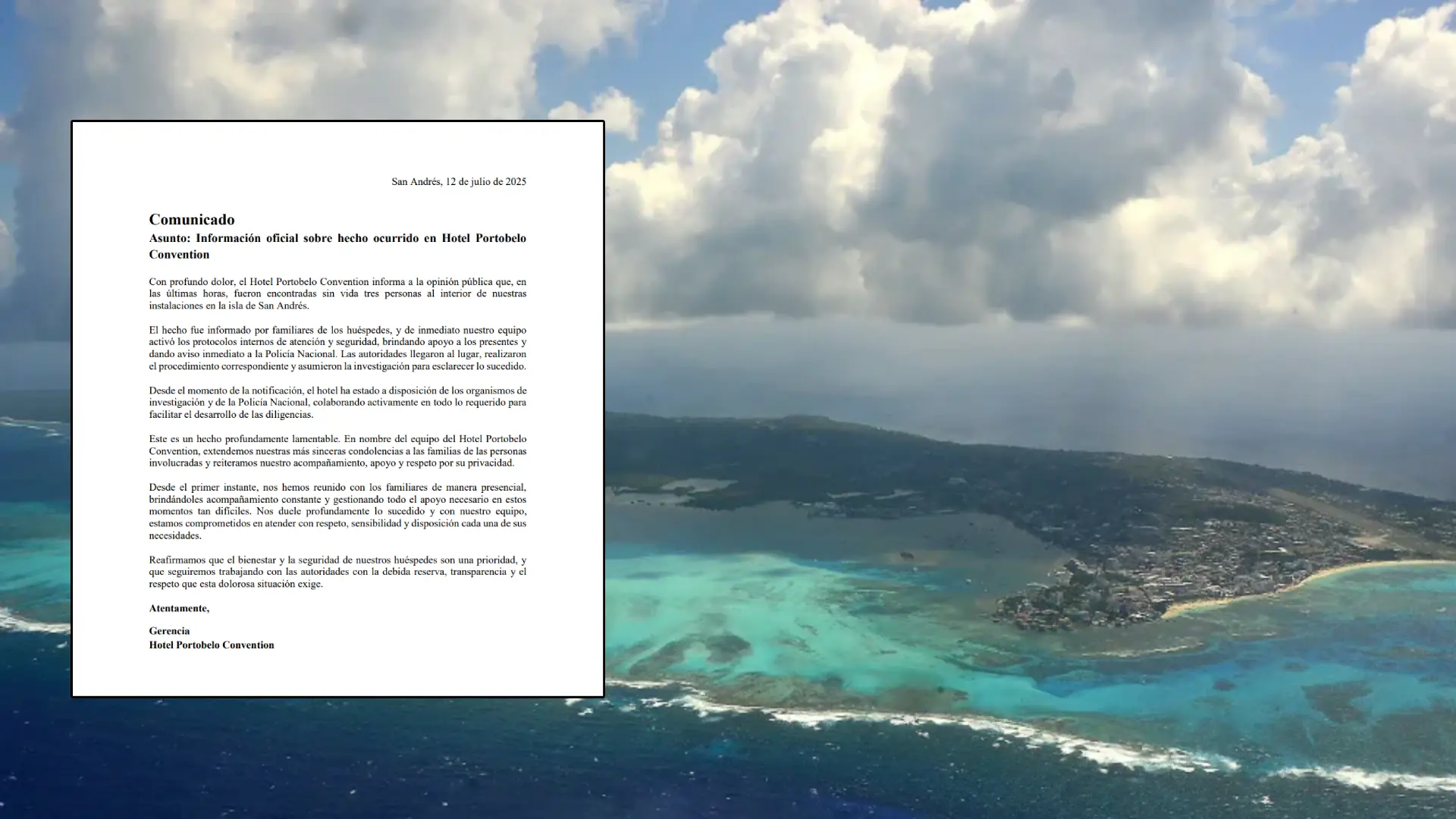 Comunicado del hotel de San Andrés donde de encontraron sin vida a una familia bogotana