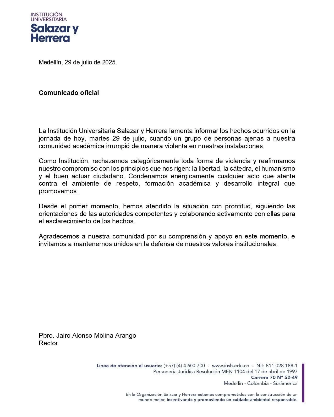 Comunicado Institución Educativa Salazar y Herrera.