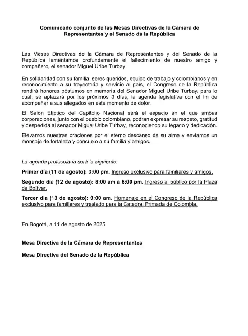 ¿Quiénes podrán ingresar al funeral de Miguel Uribe en el Congreso?