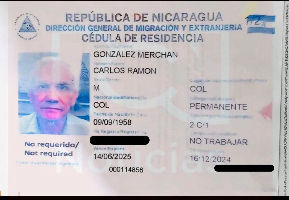 Cédula de residencia de Carlos Ramón González en Nicaragua.