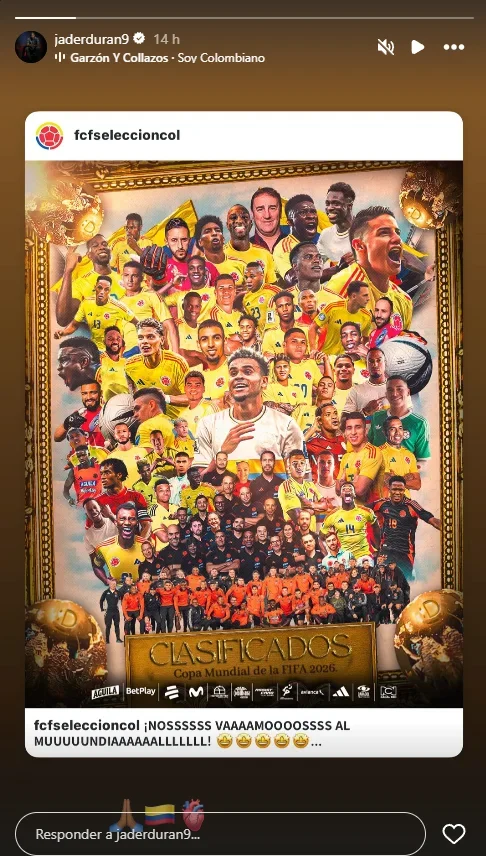 La publicación de Jhon Durán en Instagram tras la clasificación de Colombia al Mundial