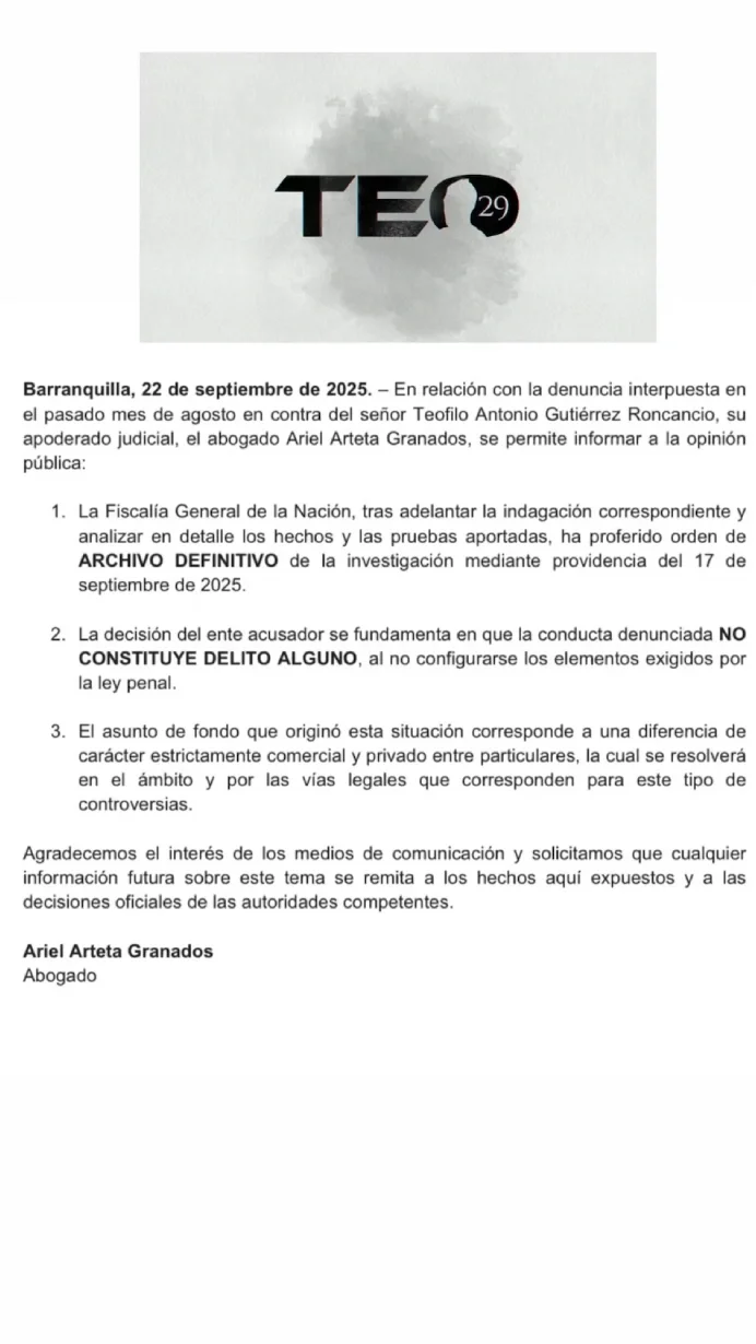 Comunicado abogado de Teófilo Gutiérrez