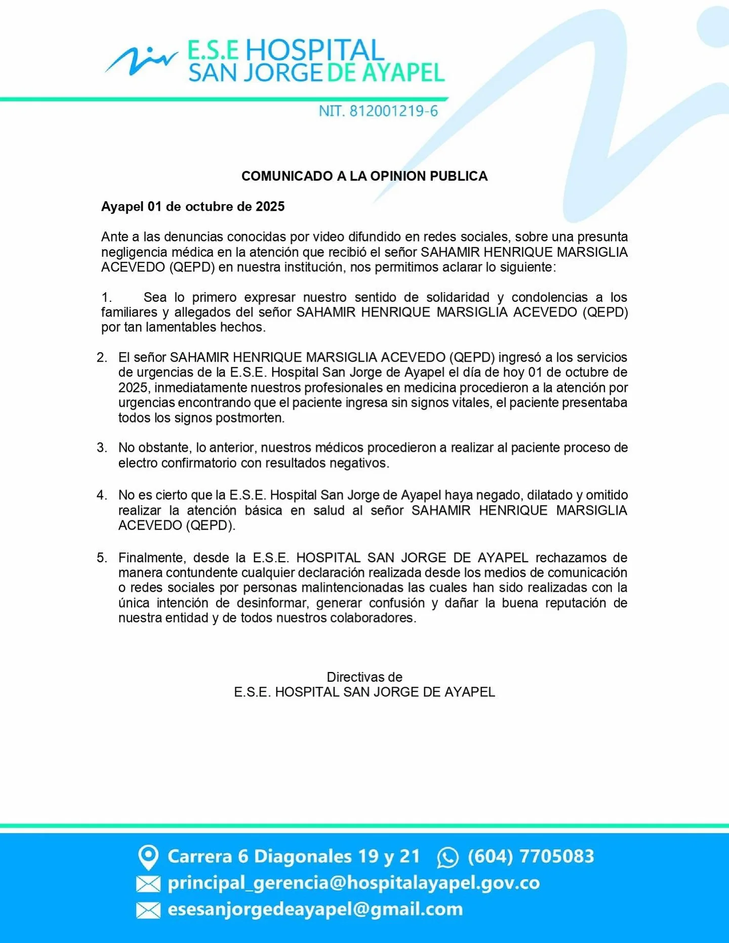 Comunicado sobre la muerte de El Sami