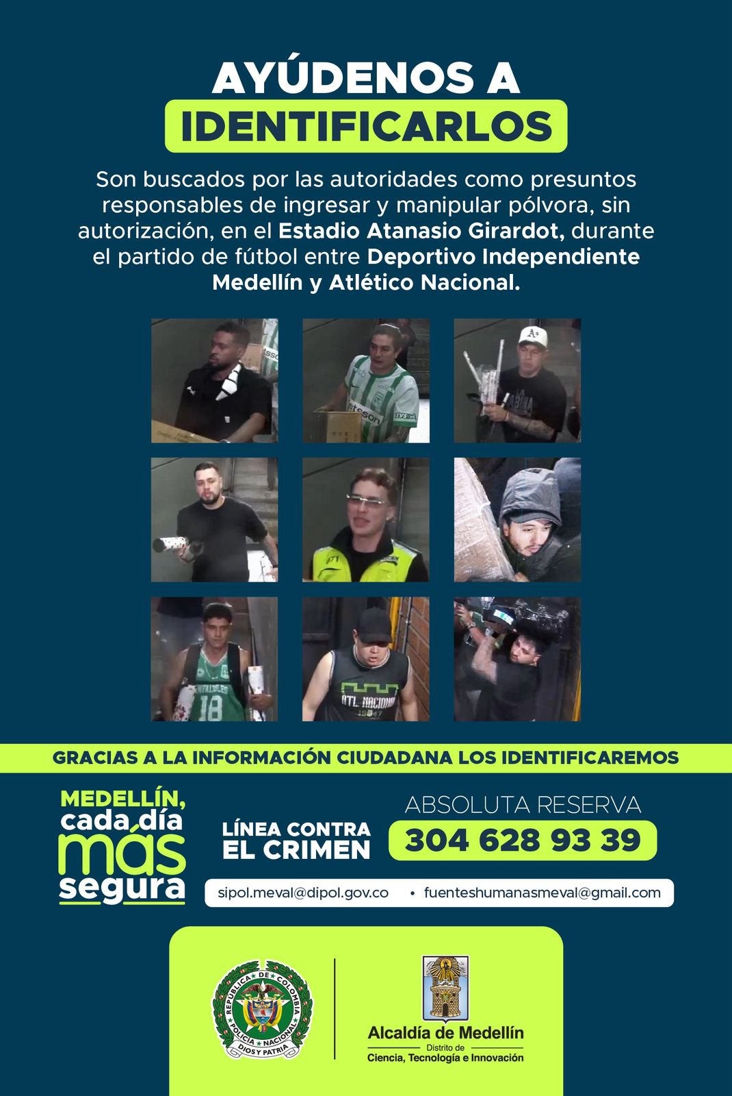 Cartel de búsqueda contra los presuntos responsables de los disturbios en Medellín