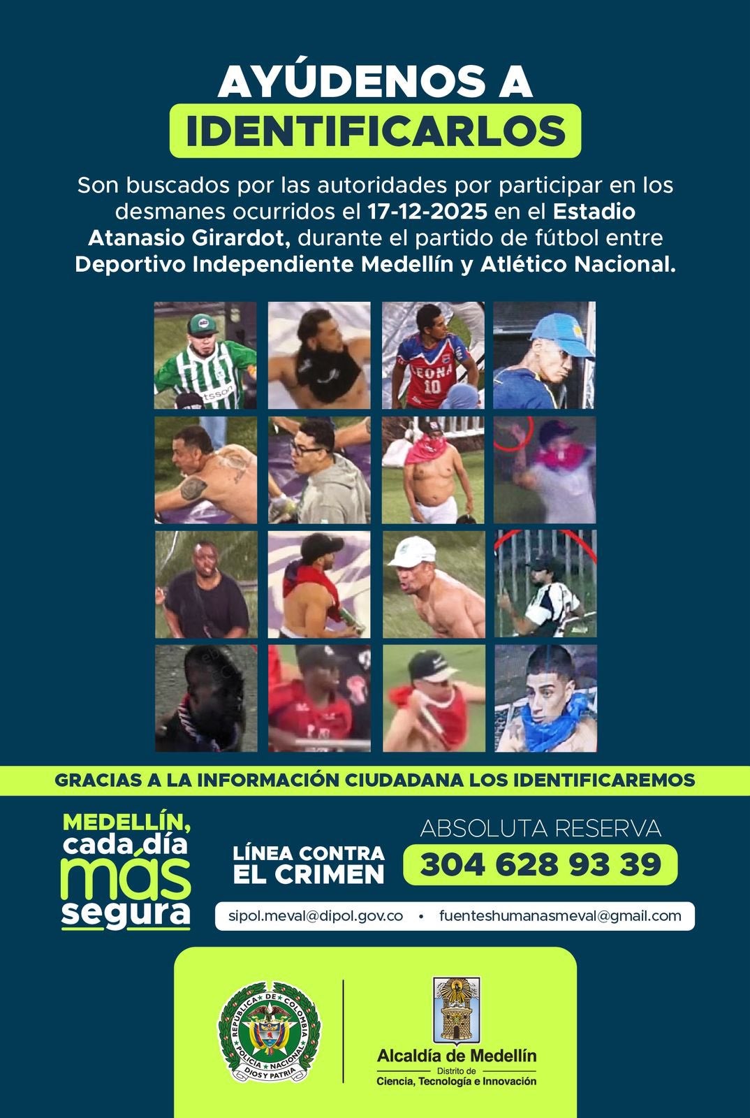 Cartel de búsqueda contra los presuntos responsables de los disturbios en Medellín