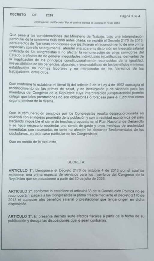 Decreto borrador eliminar prima especial a congresistas