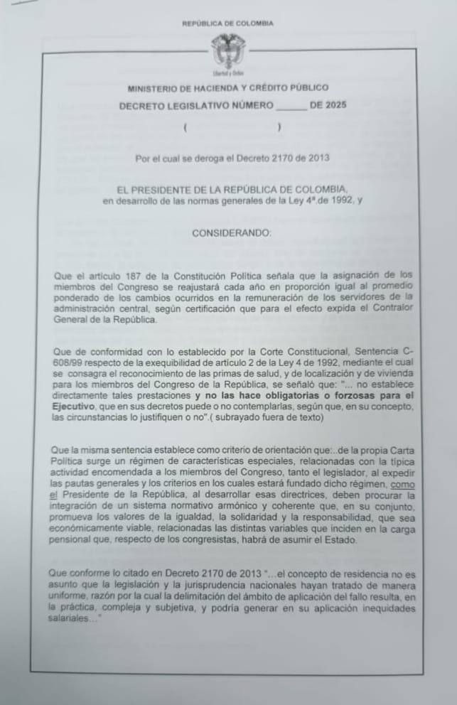 Borrador de decreto eliminar prima especial a congresistas