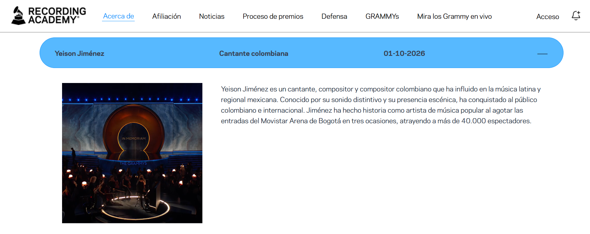 Foto: Captura pantalla Recording Academy