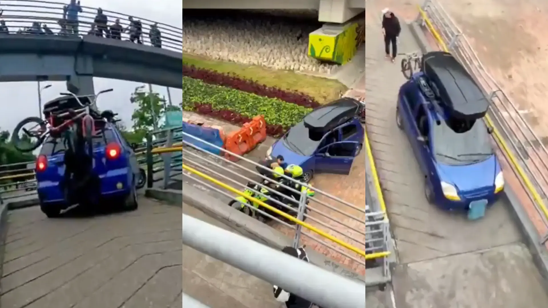 Carro se sube a puente peatonal en Bogotá