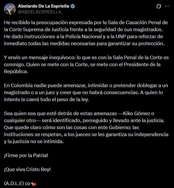 Abelardo sobre amenazas a magistrados.