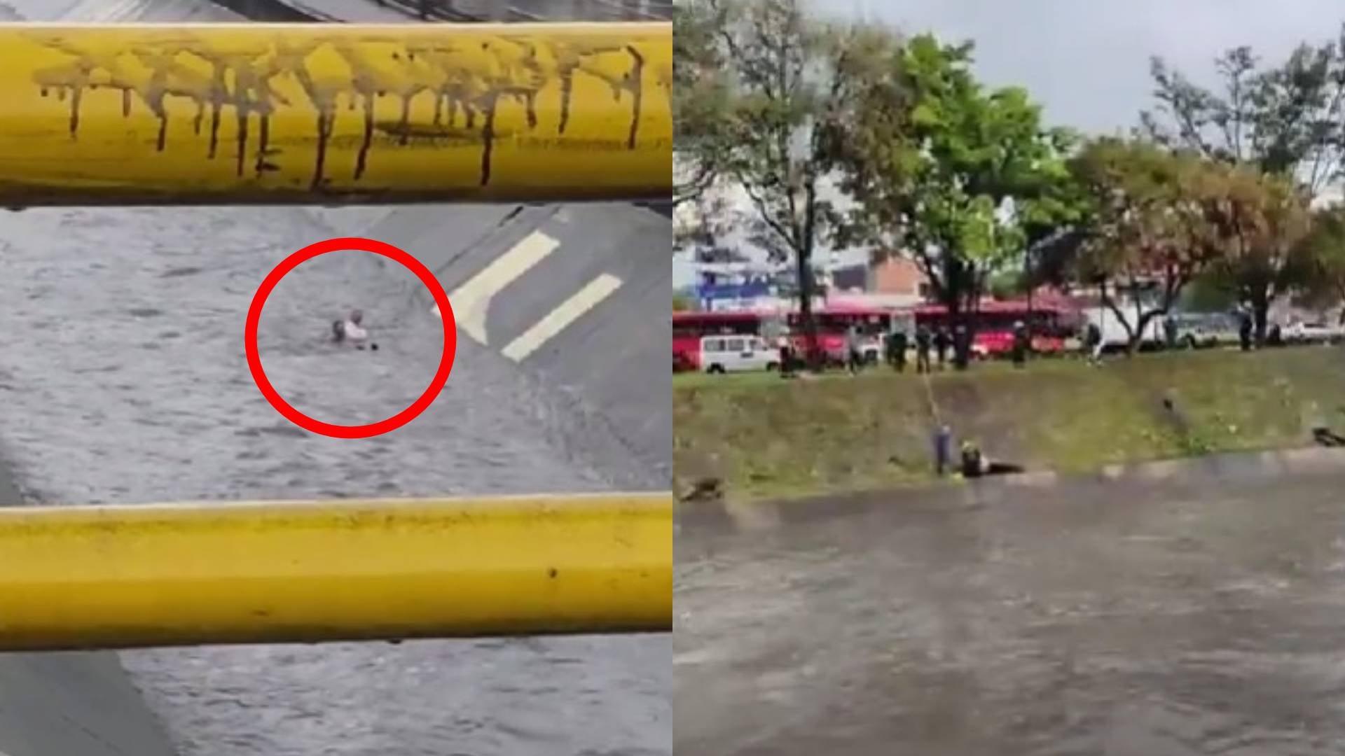 Personas en el canal de aguas de Bogotá