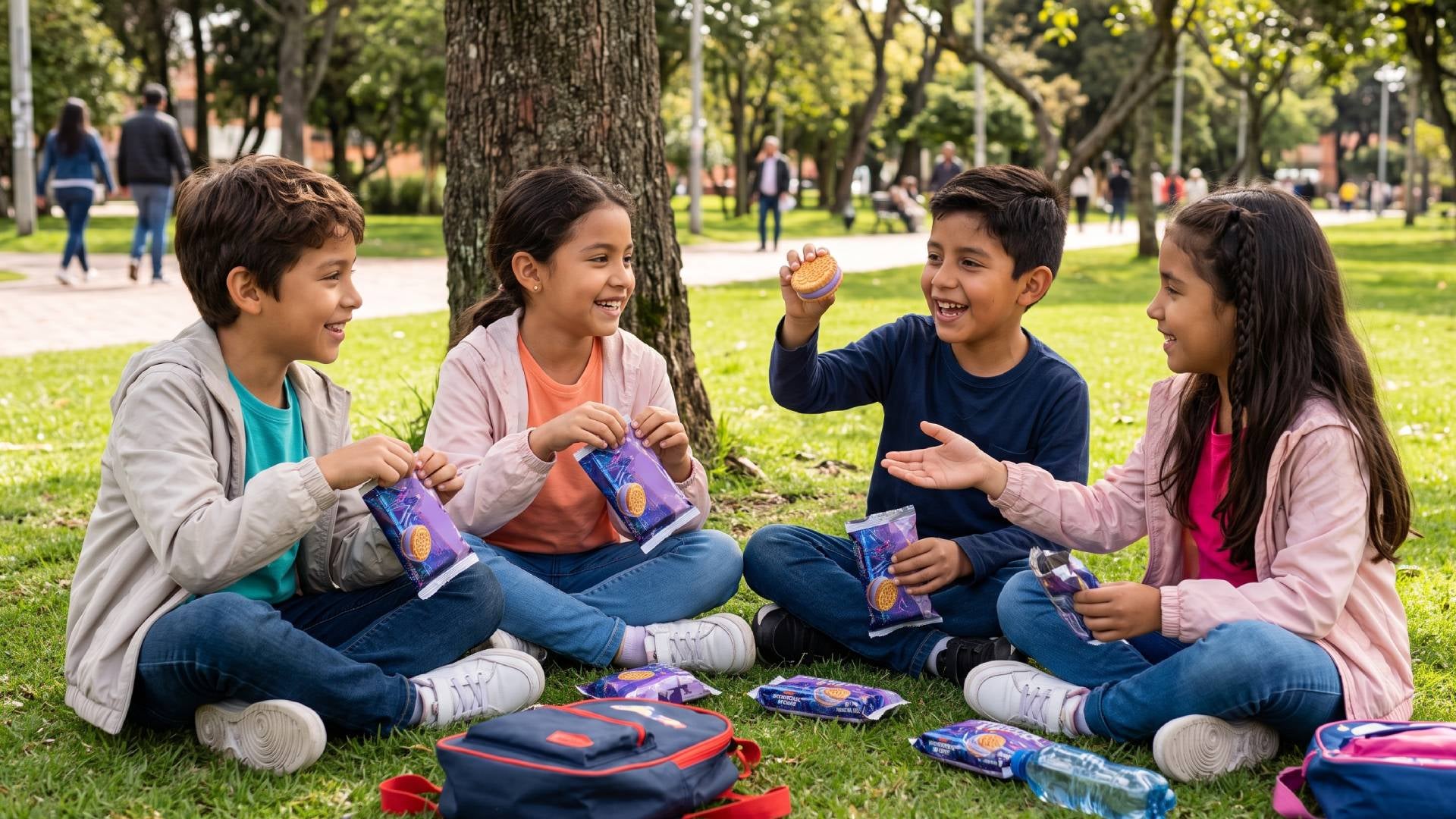 niños en parque con galletas IA